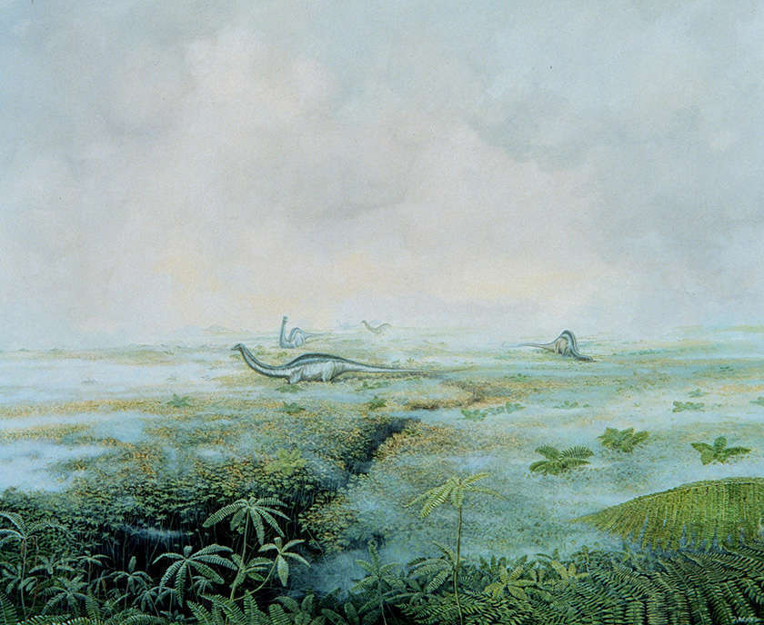 Drawing of an ancient landscape with long necked dinosaurs grazing on grass