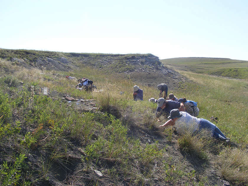 a wide shot of a hilly remote area with a group of people working on the side of a steep hill doing fieldwork