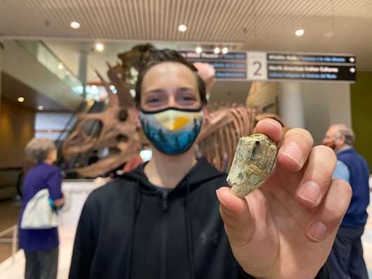 Teenager holds dinosaur tooth