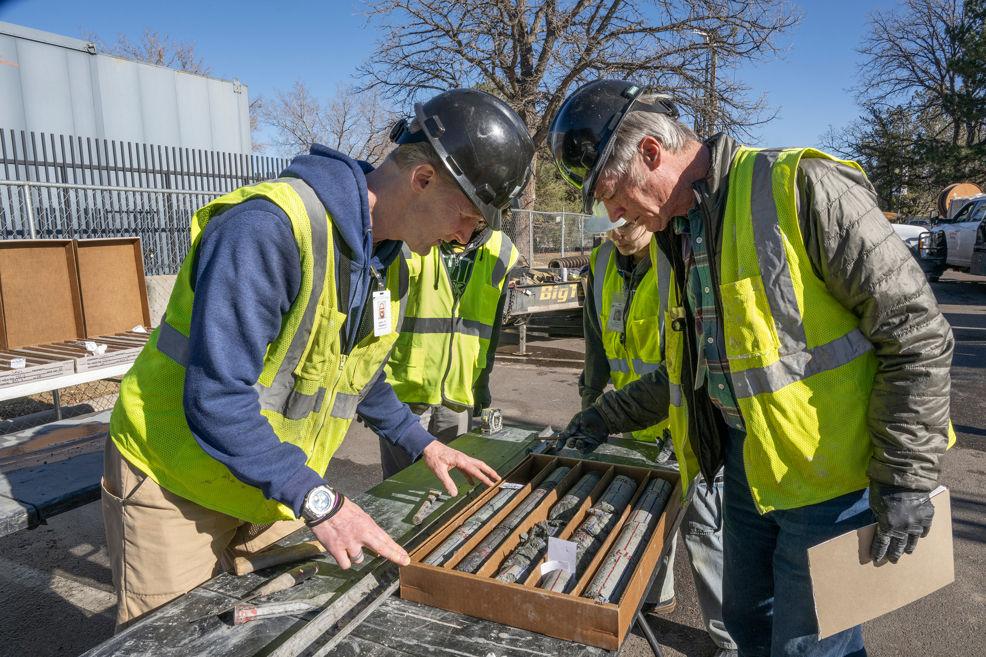 Earth Sciences Curator Dr. James Hagadorn and Research Associate Dr. Bob Raynolds examine scientific cores in the parking lot at the Denver Museum of Nature & Science in January, 2025.