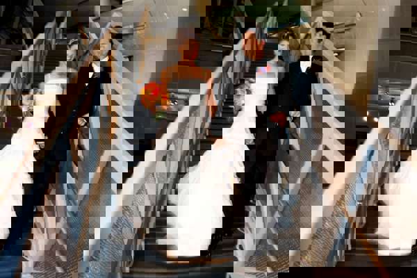 A bride and groom on the stairs 