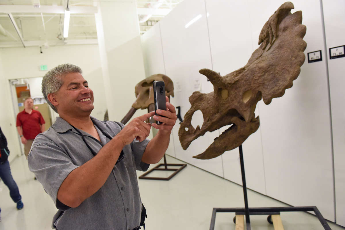 Man takes a picture of a fossil 