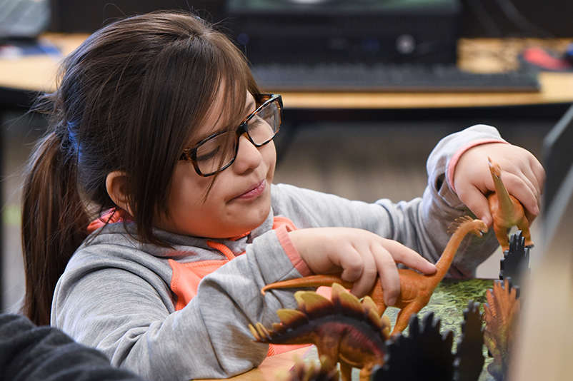 A child plays with plastic dinosaurs