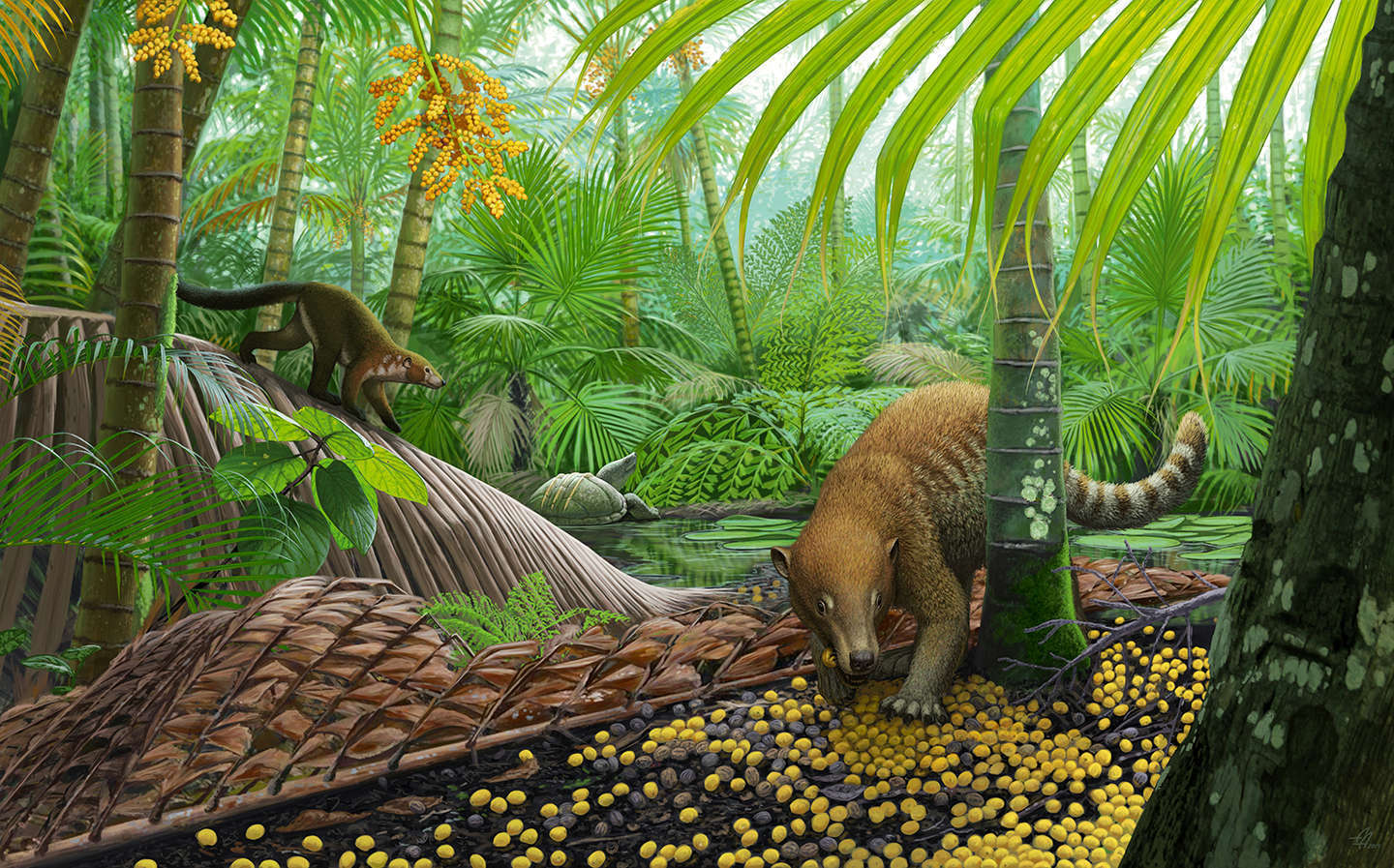Colorful drawing of an ancient palm forest with a couple of small mammals and reptiles in the foreground